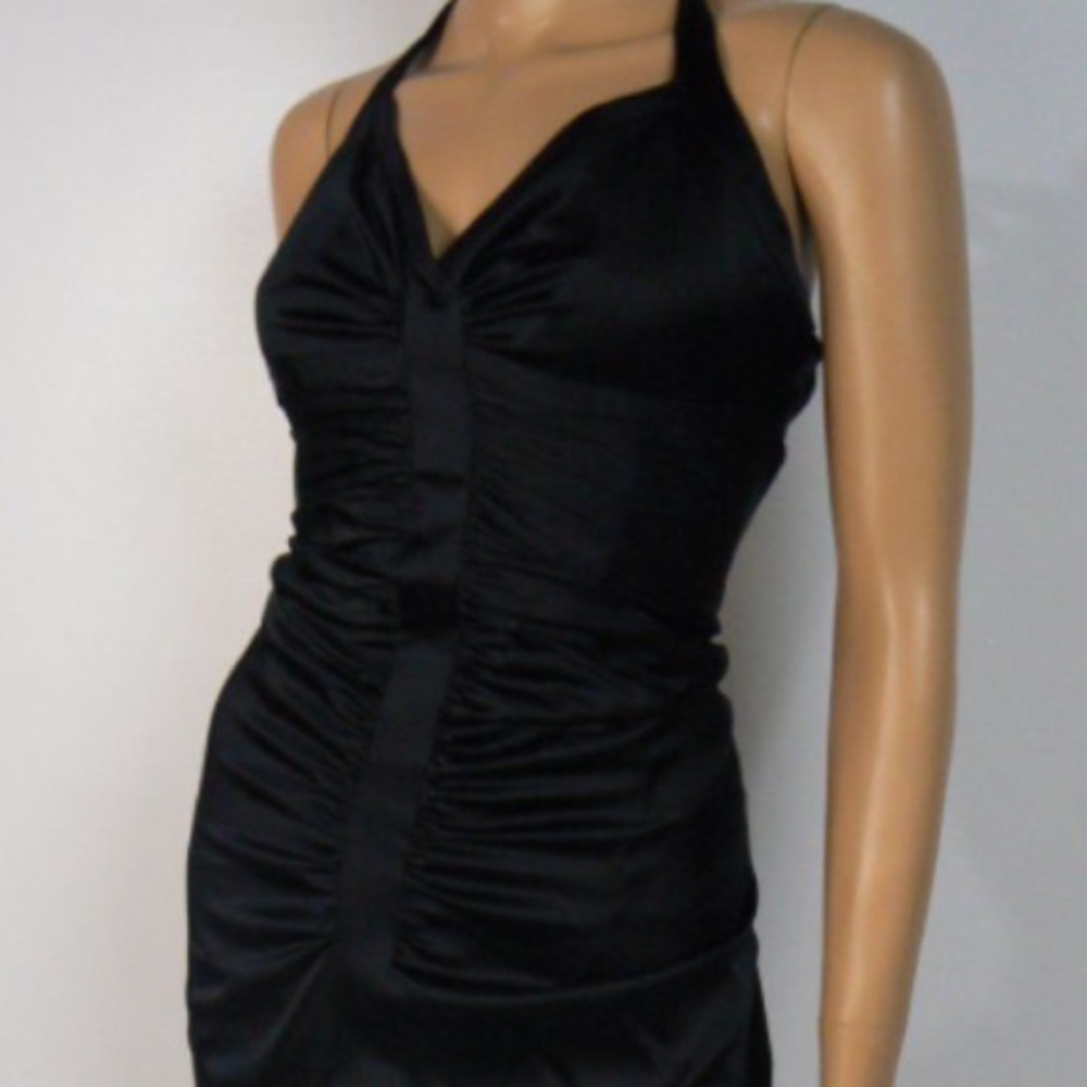 BCBG MaxAzria Black Silk Charmeuse Ruched Halter